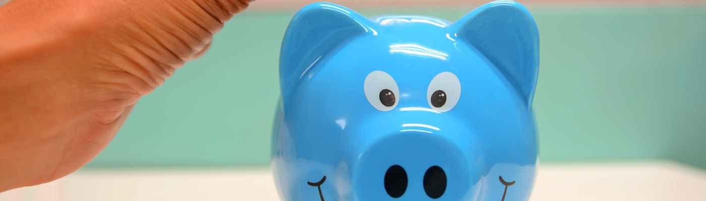 person putting coin in a piggy bank