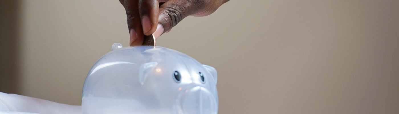 person putting coin in a piggy bank