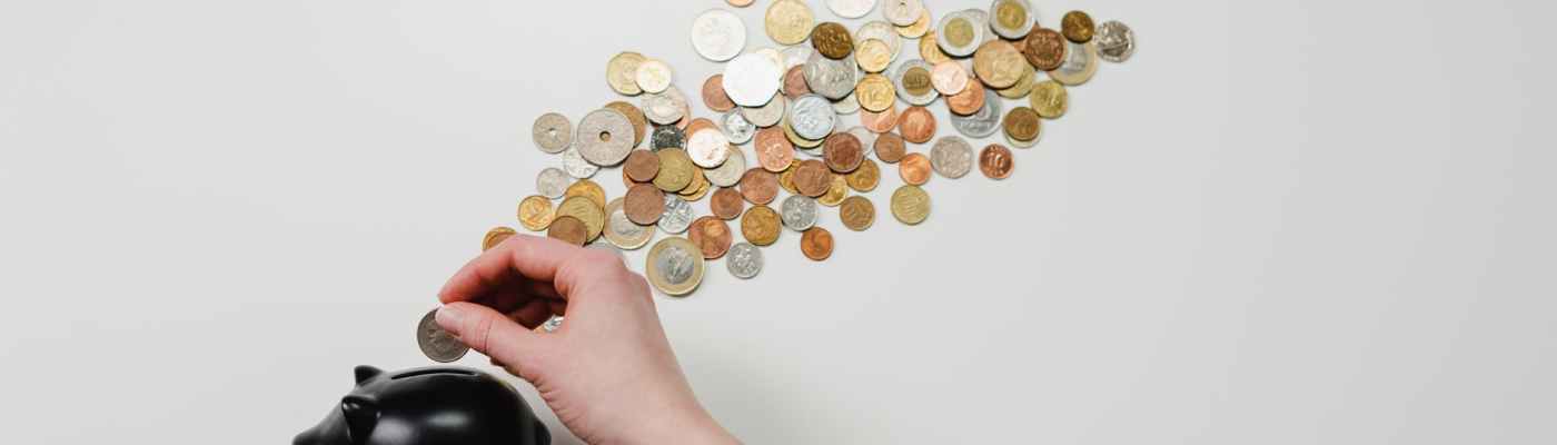 person putting coin in a piggy bank
